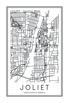Printable downtown road map poster of the USA city of JOLIET on solid white background with city name
