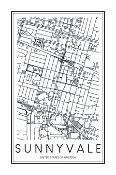 Printable downtown road map poster of the USA city of SUNNYVALE on solid white background with city name