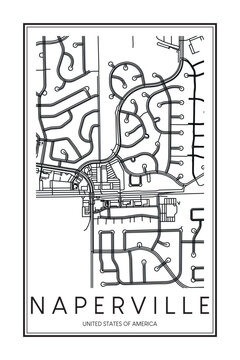Printable downtown road map poster of the USA city of NAPERVILLE on solid white background with city name