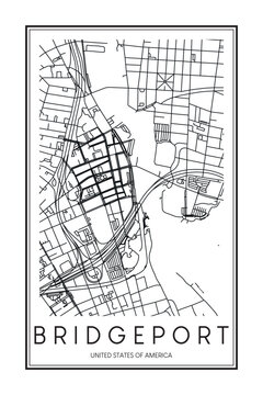 Printable downtown road map poster of the USA city of BRIDGEPORT on solid white background with city name