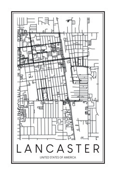 Printable downtown road map poster of the USA city of LANCASTER on solid white background with city name