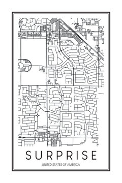 Printable downtown road map poster of the USA city of SURPRISE on solid white background with city name