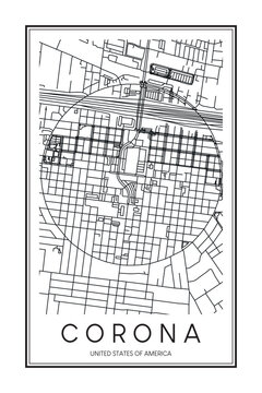 Printable downtown road map poster of the USA city of CORONA on solid white background with city name