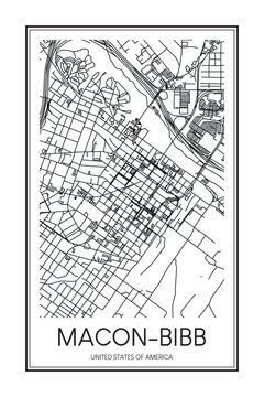 Printable downtown road map poster of the USA city of MACON-BIBB on solid white background with city name