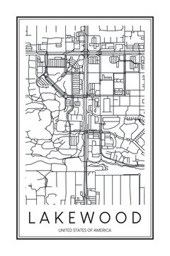 Printable downtown road map poster of the USA city of LAKEWOOD on solid white background with city name