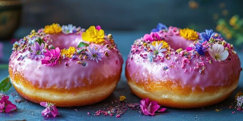 Wall Mural - Pink Frosted Doughnuts with Flowers