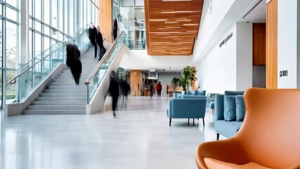Poster - Modern Office Lobby with Blue Seating, Wooden Accents, and Stylish Furniture
