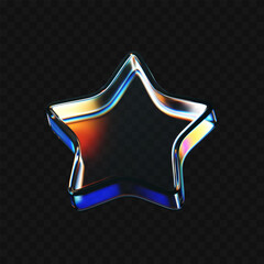 Wall Mural - 3d glass star icon with refraction and holographic effect isolated on dark background. render transp