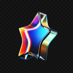 Wall Mural - 3D glass star icon with refraction and holographic effect isolated on dark background. Render transparent glass star with overlay dispersion light, rainbow gradient. 3d vector morphism