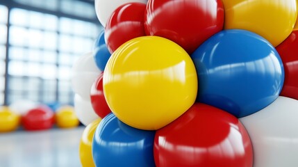 Wall Mural - Close up of a cluster of colorful glossy spheres, predominantly red, yellow, blue, and white, arranged in a pyramid shape. The spheres have a high