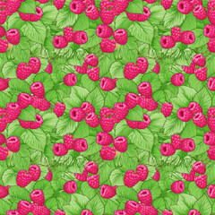 Wall Mural - Vibrant raspberry pattern on lush green leaves for seamless design