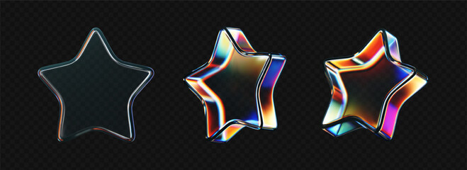Wall Mural - 3d glass star icon set with refraction and holographic effect isolated on dark background. render tr