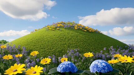 Poster - A grassy hilltop covered in wildflowers, featuring vibrant yellow daisies, purple wildflowers, and large blue hydrangeas. The hill slopes gently, and