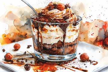 Wall Mural - Watercolor dessert: A layered chocolate trifle, topped with whipped cream, cherries, and drizzles, presented in a clear glass.