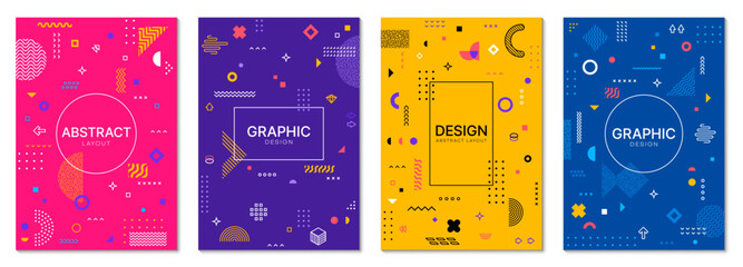 Aufkleber - Abstract geometric Memphis posters. Vector backgrounds, vertical covers, layouts or card templates with bold colors and modern playful patterns, dynamic compositions evoke creativity and modernism
