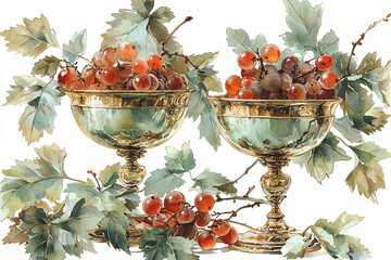 Wall Mural - Watercolor painting of bronze chalices overflowing with clusters of red grapes and trailing grape leaves.