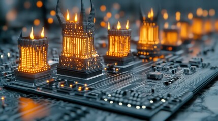 Poster - digital stylized cityscape, rendered dark gray, black and glowing orange structures, resembling towe