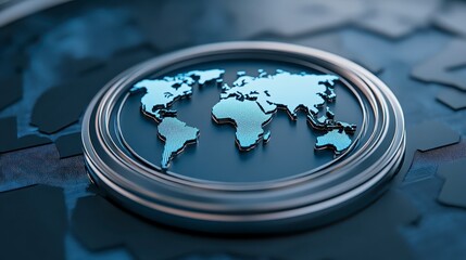 Poster - a digitally rendered, stylized world map, centered on a dark gray circular platform. the map is ligh