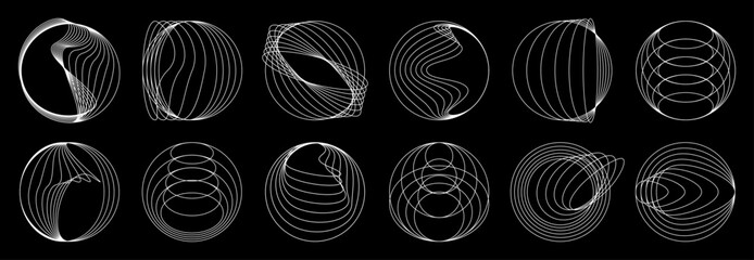 Aufkleber - Line round spiral shapes, circle geometric waves and swirls. Vector abstract graphic elements of modern dynamic geometric shapes. White line circles of futuristic circular pattern with twisted stripes