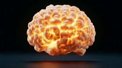 Poster - 3d model of a brain exploding with bright orange light, against a dark background. the brain is comp