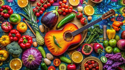 Wall Mural - Bold Watercolor Boho Music Food Photography: Vibrant Fruit & Veggie Pattern