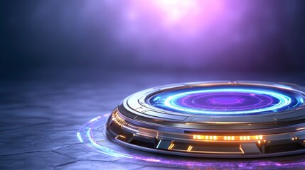 Poster - futuristic metallic circular platform with glowing blue and orange lights on a dark gray concrete su
