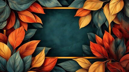 Wall Mural - Autumn Leaves Frame Rich Teal Background. AI Generated