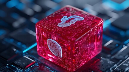 Poster - close up view of a translucent red cube with glowing holographic projections of data and neural netw