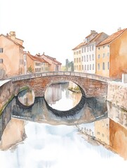 Fototapete - Soft watercolor depicting a stone bridge over a calm river in an old town setting with reflections. Generative AI