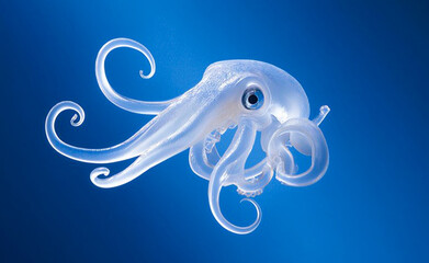 Wall Mural - A translucent, glowing octopus with elegantly curled tentacles floating against a deep blue background.