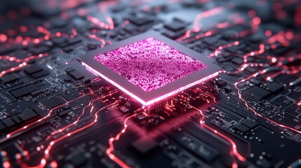 Wall Mural - Close up view of a glowing pink processor chip, centrally positioned on a complex circuit board. The circuit board features an intricate network of