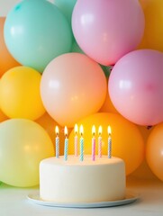 Poster - Colorful birthday celebration with vibrant balloons and a cake adorned with glowing candles on the table. Generative AI