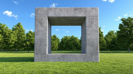 Poster - large light gray concrete cube structure with a square opening, sits in a grassy field. lush green t