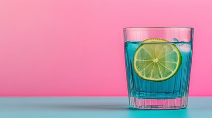 Wall Mural - A clear glass of cool beverage with ice cubes and a lime slice. The glass is light blue and sits against a vibrant pink and light teal background