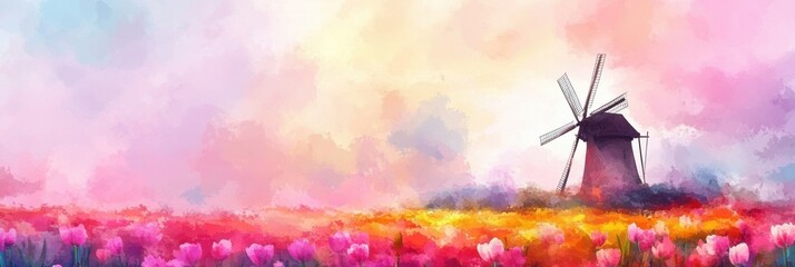 Poster - Colorful watercolor illustration of vibrant tulip fields with a windmill in the background during springtime. Generative AI