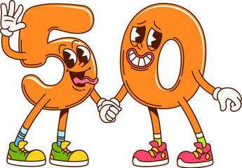 Poster - Groovy fifty math number characters. Kids education number retro happy mascot. Mathematics digit 60s 70s groovy isolated vector funny personage. School math numeric symbol vintage cartoon character