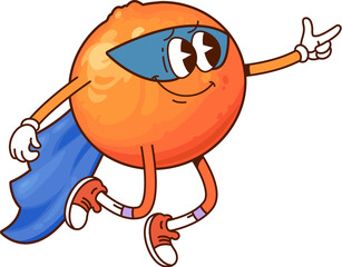 Poster - Cartoon groovy orange fruit superhero character. Vector funny citrus y2k personage flying in cape, sneakers and mask with raised arm. Fairytale healthy food, smiling tropical plant retro defender