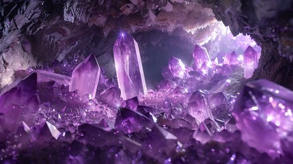 Poster - A mystical cave filled with sparkling purple crystals and glowing light.