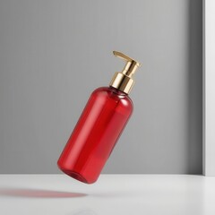 Stylish red lotion bottle with a gold pump on a minimalist background.