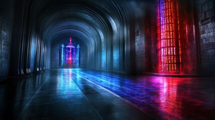 Poster - dark tunnel with vibrant neon lights, reflecting on wet pavement. archways, glowing walls, and digit