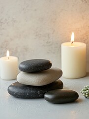 Poster - Relaxing spa moment with massage stones and flickering candles creating a calming atmosphere for wellness. Generative AI