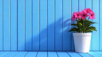 Wall Mural - Pink flowers in white pot placed against light blue wooden wall, bright natural lighting casts soft shadows. The wall is made of vertical planks with