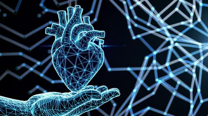 Poster - glowing digital heart composed of interconnected blue lines, hovering above an outstretched hand in a futuristic 