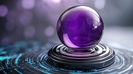 Poster - purple glass sphere resting on a metallic stand against a dark background. soft light illuminates sw