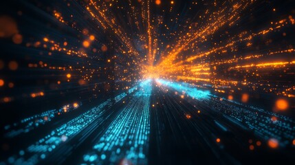 Aufkleber - A vibrant digital tunnel of blue and orange particles, illustrating a dynamic flow of data in a futuristic, abstract environment.