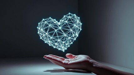 Poster - glowing digital heart composed of interconnected blue lines, hovering above an outstretched hand in 