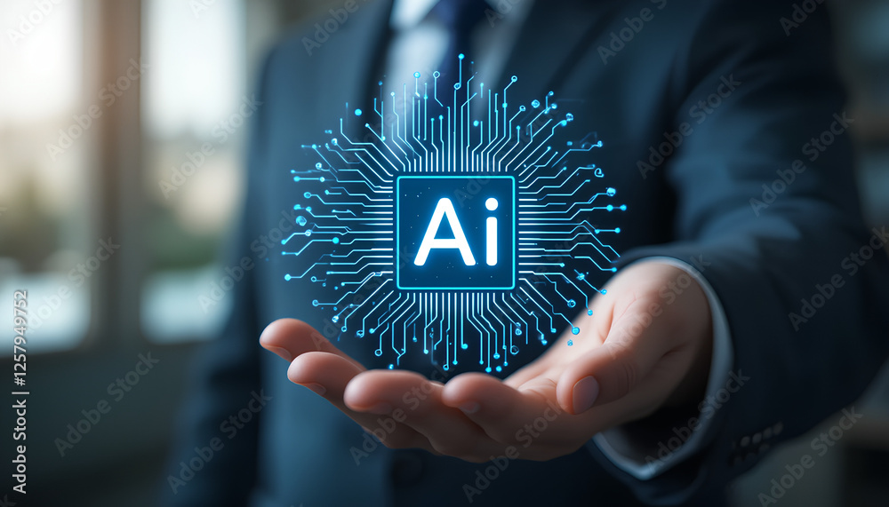 A businessman holding a glowing AI symbol in his hand, symbolizing ...