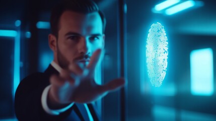 Poster - A confident man in a suit extends his hand toward a glowing fingerprint scanner in a futuristic environment.