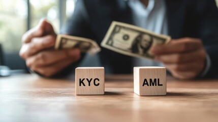 Poster - The image shows a person handling cash while wooden blocks labeled 