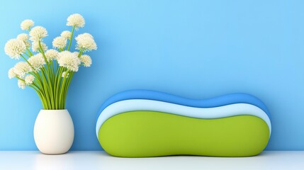 Poster - Modern minimalist interior showcasing a vase of white flowers and a vibrant lime green couch against a light blue background, ideal for showcasing